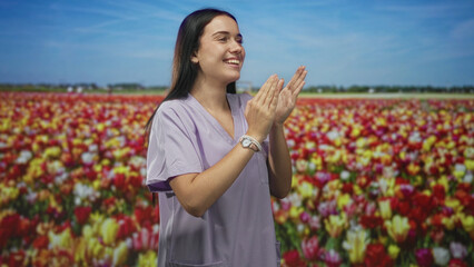 Fototapeta premium Young nurse woman clapping hands in scrubs before a tulip field set in a studio backdrop, smiling broadly and engaged; joy gratitude.