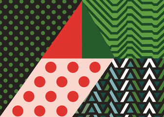 Fototapeta premium Multi-paneled geometric design consisting of green polka dots, green zigzags, red circles on a pink field, and blue triangular motifs.
