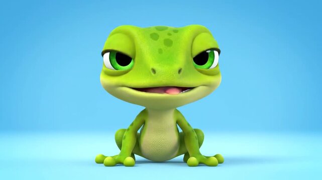 Cute Green Gecko Character with Big Eyes on Light Blue Studio Backdrop  3D Render.