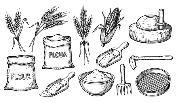 Hand Drawn Grains and Flour Production Icons Rustic Agriculture Outline Doodle Vector Set
