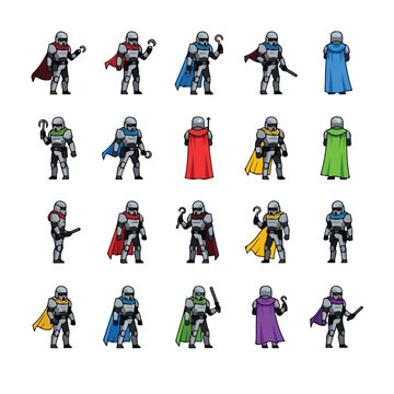 Collection of futuristic armored soldier character sprites with various colored capes.