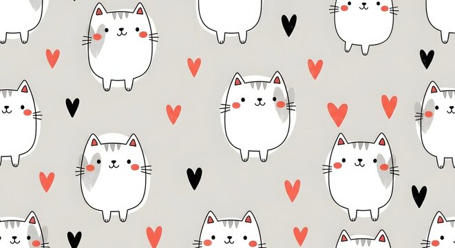 Seamless pattern with cute white cats and small hearts. Feline animal love and domestic pet concept. Cartoon kittens with grey patches and red hearts on light grey background.