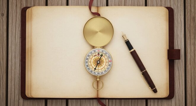 An open notebook with a compass and a pen on a wooden table.