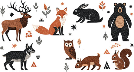 Obraz premium Forest Wildlife Animal Vector Set featuring Deer, Fox, Bear, Owl, Rabbit, Squirrel, and More for Nature, Adventure, and Wildlife Designs
