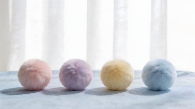 Four fluffy pompoms in pastel colors
