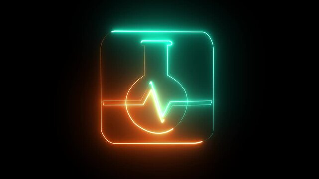 Chemistry lab icon animation .Neon science beaker with dripping liquid on dark background technology concept medical research. 4k video animation
