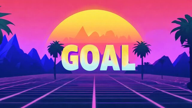 GOAL text glows brightly in a vibrant retro-futuristic landscape. Palm trees and mountains frame the synthwave sunset grid.