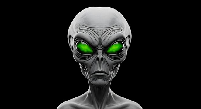 Hyper-realistic Grey Alien Portrait with Piercing, Luminous Green Eyes.