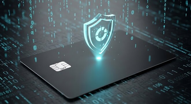 Digital payment security concept with a credit card and a glowing shield icon surrounded by binary code data stream