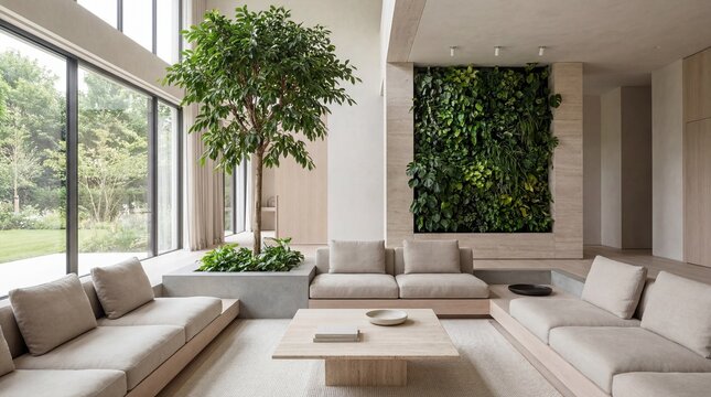 Modern luxury living room interior with large windows and indoor plants isolated on transparent background