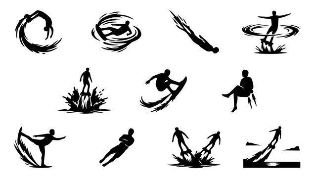 Extreme Water Sports Silhouette Icon Set &ndash; Flyboard, Surfing, Diving and Action Wave Elements