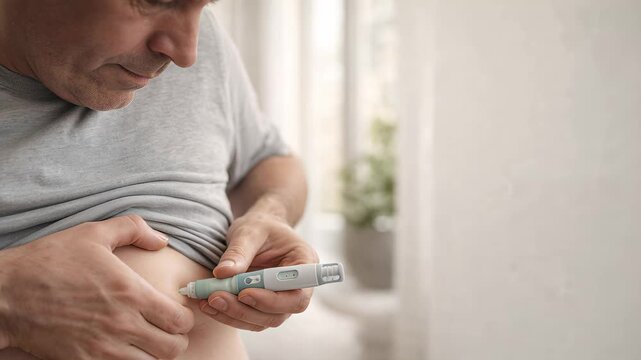 close up of man using injection pen in abdomen, weight loss treatment and self care concept.