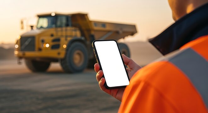 Construction worker holding a smartphone with a blank white screen at a mining site with a dump truck in the background