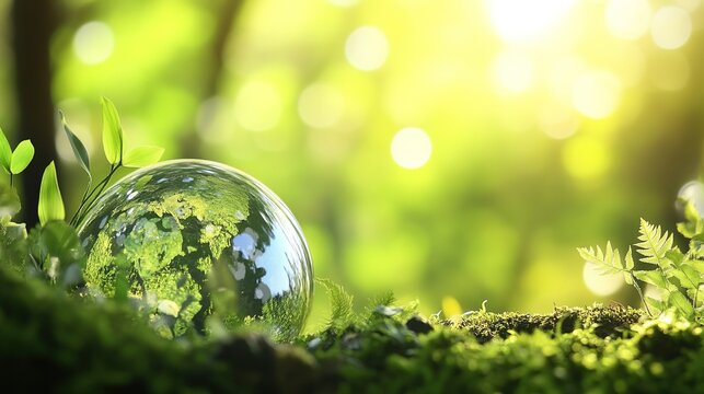biosphere. Globe nestled among lush greenery, symbolizing environmental harmony under soft diffused light. ESG reports, sustainability campaigns, designed for environmental awareness campaigns.