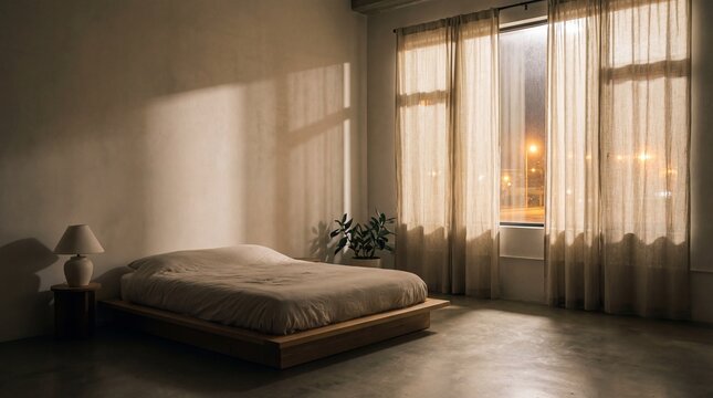 minimalist bedroom interior with bed and natural light isolated on transparent background