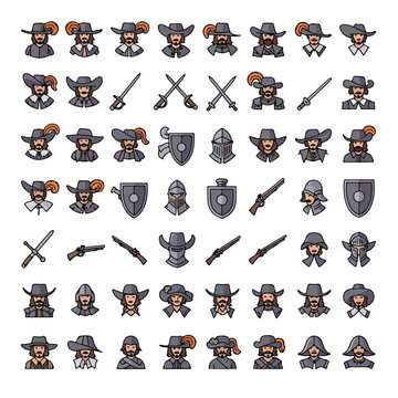 Collection of Musketeer and Pirate Themed Icons and Character Avatars.