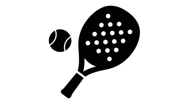 Close-up of a padel racket and ball in black silhouette, emphasizing the details of the sport equipment on isolated white background.