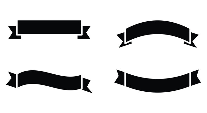 Set of four black ribbon banner silhouettes in various curved and straight styles for vintage emblem labels and decorative graphic design elements