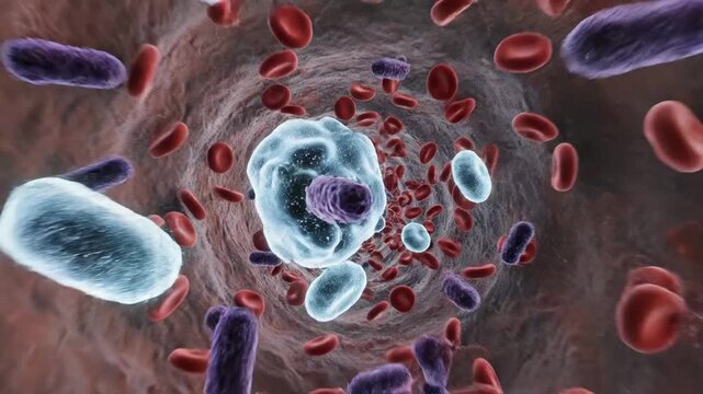 Microscopic View of Erythrocytes and Leukocyte Fighting Bacteria Pathogen Infection in Bloodstream Artery Vein Circulatory System Biology Immunology Hematology Medical 3D Animation