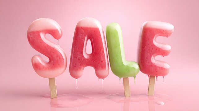 Vibrant watermelon popsicle "SALE" text with realistic melting drips and a summer theme.