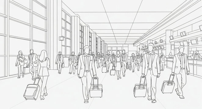 Airport Terminal Sketch - A Crowd of Travelers with Luggage.