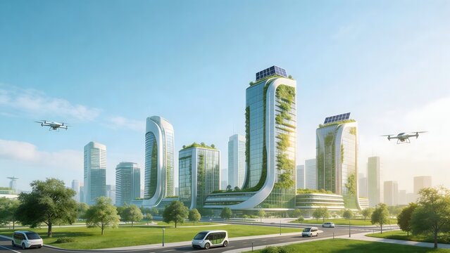 Futuristic green cityscape with flying drones