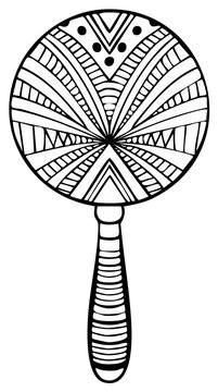 Intricate black and white patterned hand-held rattle design, detailed artwork.