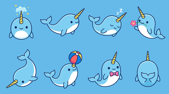 Cute Narwhal Character Set with Various Poses and Expressions, Funny Sea Unicorn Whale Playing Ball, Sleeping, Wearing Bowtie Vector Illustration