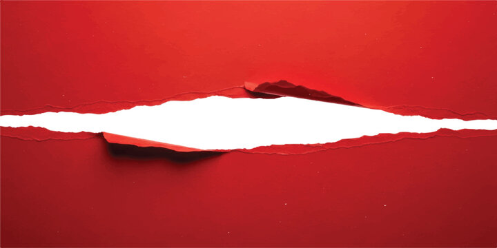 Bright red paper sheet with a horizontal rip across the center revealing a white background underneath with jagged torn edges and textured fibers visible along the opening of the paper tear