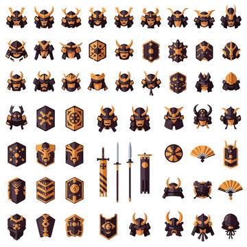 Collection of Japanese Samurai Helmets Armor Shields and Weapons Icons.
