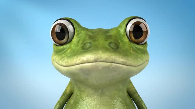 Whimsical BigEyed Green Frog Character with Curious Gaze on Blue Backdrop.
