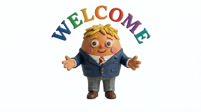 A clay character in a business suit with open arms, standing under a vibrant rainbow "WELCOME" text arc.