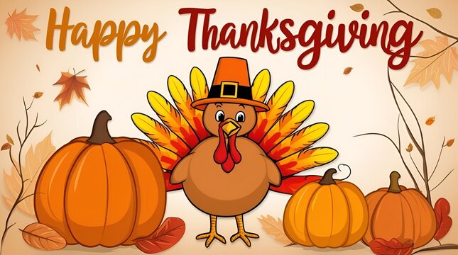 Happy Thanksgiving design with a funny cartoon turkey dancing among pumpkins, colorful leaves
