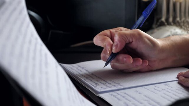 A close-up of the hand of a woman with nail dystrophy writing with a pen in a notebook while sitting at a table.