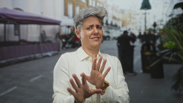 Woman pushes both hands forward in a stop gesture on a restaurant terrace with outdoor seating; disgust repulsion aversion revulsion.