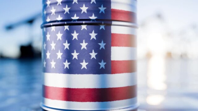 The camera zooms in on black barrels of oil or fuel and the US flag. A barrel of oil depicting the United States of America. Oil production in the US. The price of oil produced in America. American oi