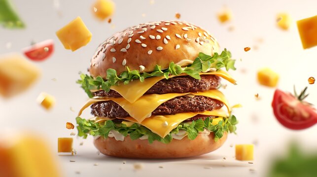 A delicious double cheeseburger with lettuce and tomato on a sesame seed bun