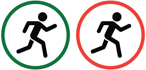 Obraz premium running man icons in green and red circles, traffic safety sign symbols for pedestrian movement and stop go instruction, minimal flat vector design isolated on white background.