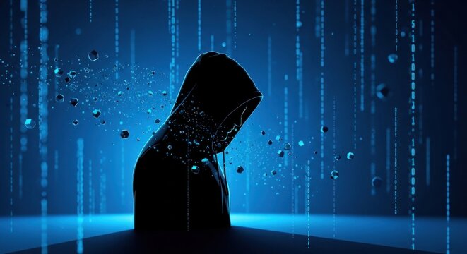 A silhouette of a person in a dark hoodie with a blue and white background with binary code and light trails.