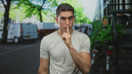 Fototapeta premium Young hispanic man in white t shirt with finger to lips for silence on city street near parked vans and bicycles; secrecy caution.
