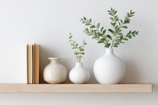 Minimalist floating wooden shelf with three white ceramic vases, green eucalyptus sprigs, and beige books against a white wall.