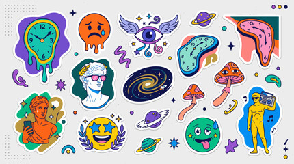 Fototapeta premium Vibrant surrealism artwork depicts a diverse array of fantastical creatures and celestial bodies in a whimsical surealistic scene.