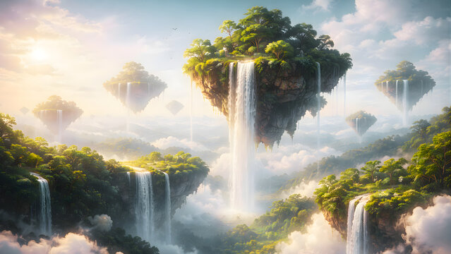 Floating islands with waterfalls in the sky, fantasy landscape, soft lighting