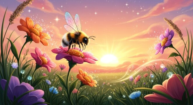 A bee flying over a field of flowers at sunset.