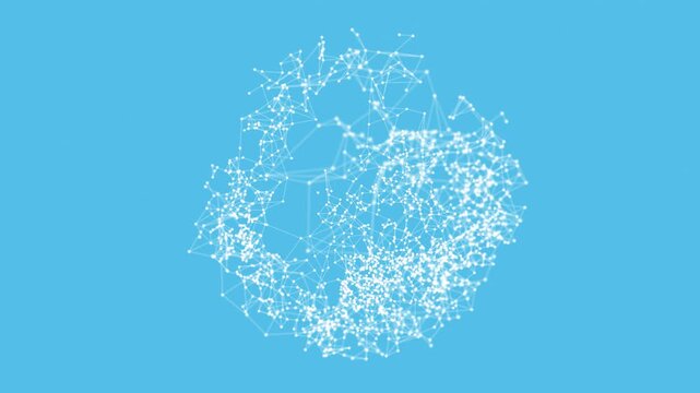 Digital cloud 3d animation. Network Connection blue background. AI data connections with white lines and dots with depth-of field effect. 4k Seamless loop.