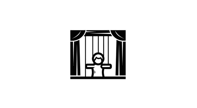 Puppet show stage with strings and figure icon