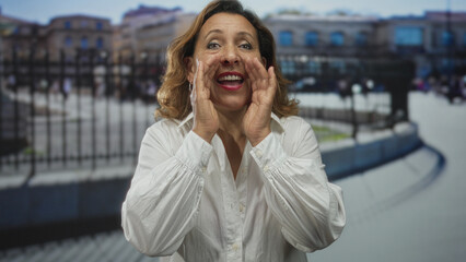 Fototapeta premium Middle aged hispanic woman cups hands to mouth on urban street in bright sunlight; excitement and joy.