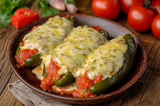Baked Green Peppers Filled with Tomato and Melted Cheese
