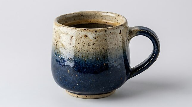 Handcrafted ceramic mug filled with dark hot beverage on light surface