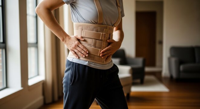 Close-up of a person wearing a beige back brace or lumbar support belt, standing indoors and holding their midsection, possibly experiencing back pain or recovering from an injury.